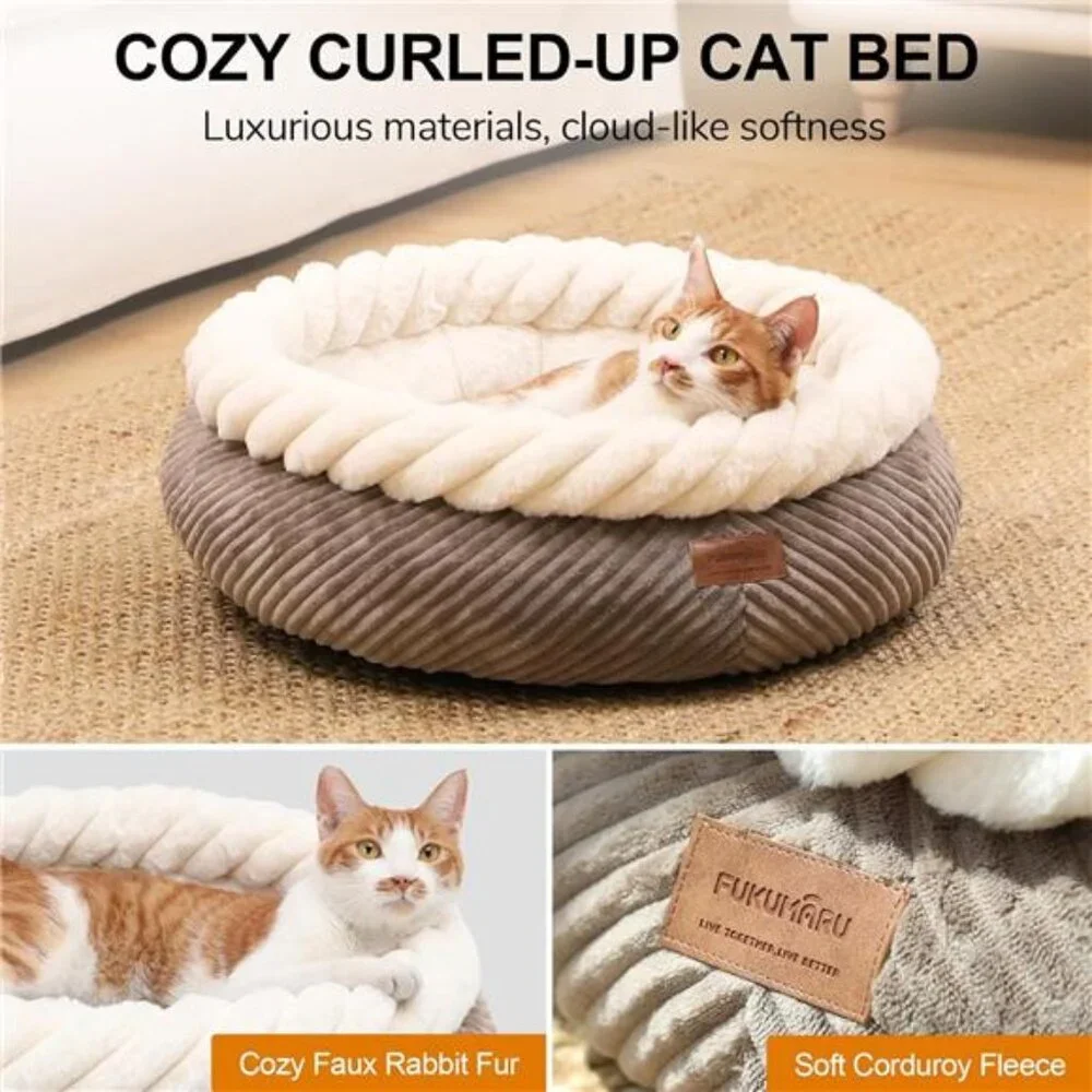 Calming Donut Cat Beds, Plush Faux Fur & Corduroy Beds